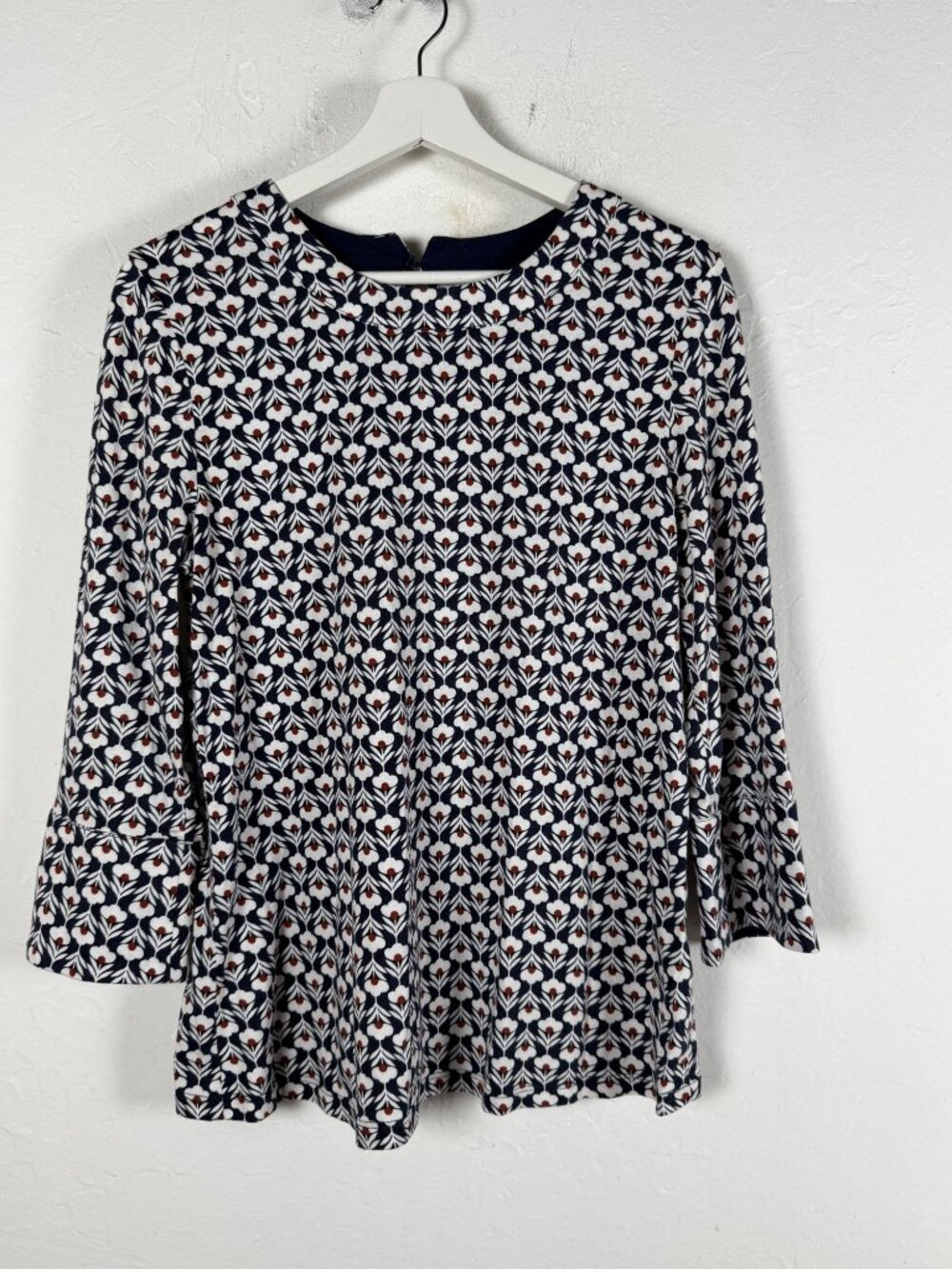 Boden Womens Althea Petal Head Geometric Floral 3/4 Bell Sleeve Top Size 10 Navy